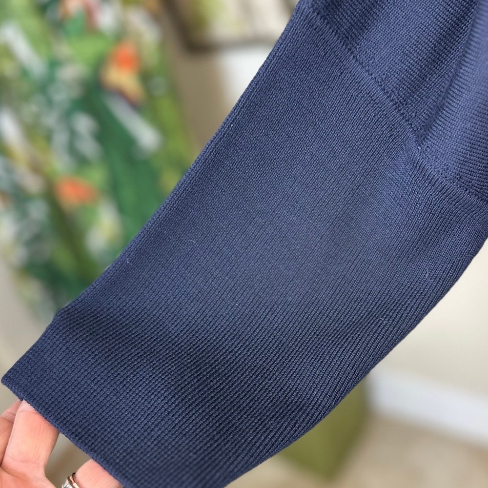 St. John NWT SZXL‎ Zip Front Cardigan Navy Blue Floral Intarsia Mock Neck Wool - Picture 7 of 15